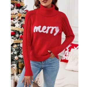 Merry Christmas Themed Knit High Neck Cable Sleeve Red Sweater